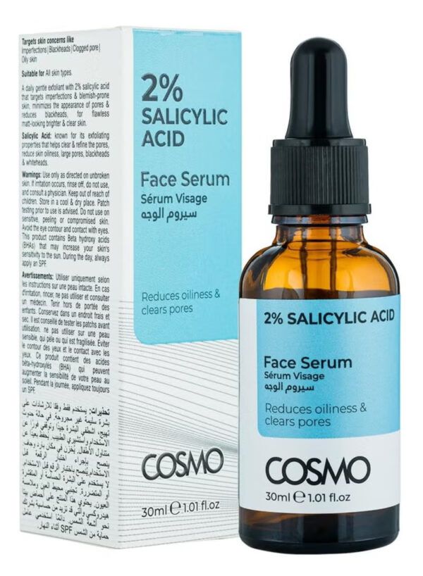 Cosmo 2% Salicylic Acid Reduces Oiliness Clear Pores Face Serum For Men & Women Cosmo 2% Salicylic Acid Face Serum is a clarifying treatment that helps reduce oiliness, unclog pores, and prevent breakouts, leaving your skin clearer, smoother, and more balanced.